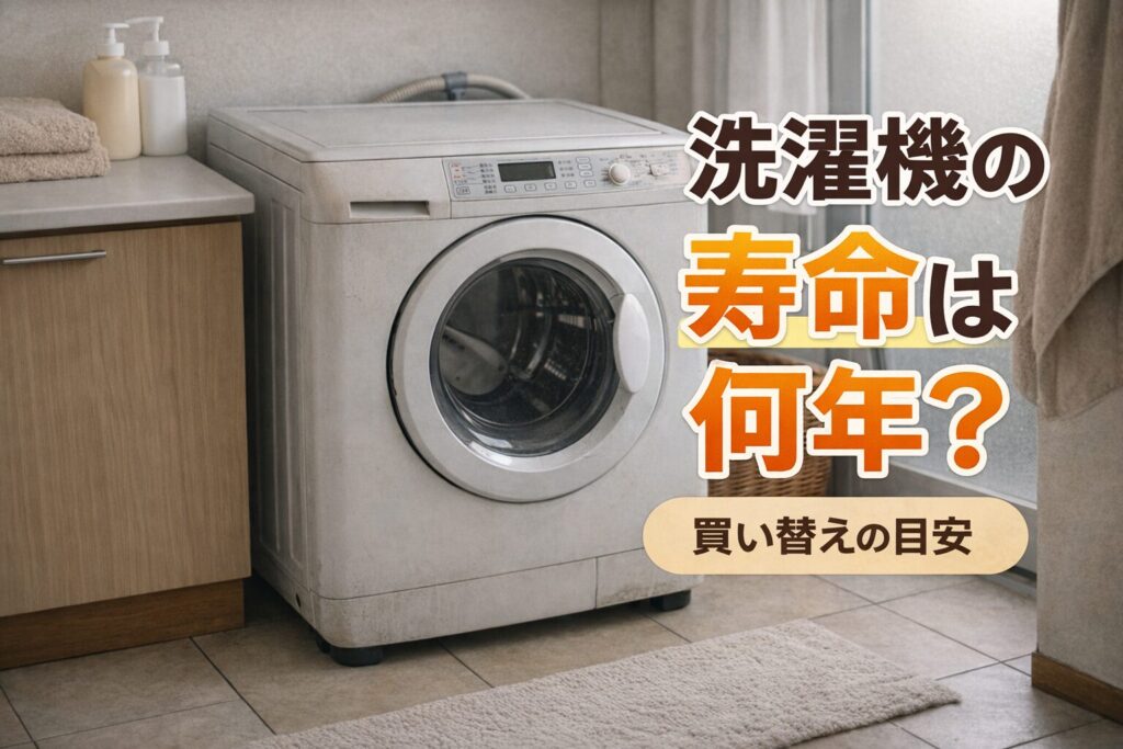 洗濯機の買い替え時期をテーマにした記事用サムネイル。やや使用感のあるドラム式洗濯機が洗面所に置かれ、「洗濯機の寿命は何年?」「買い替えの目安」といった文字が大きく配置されている。