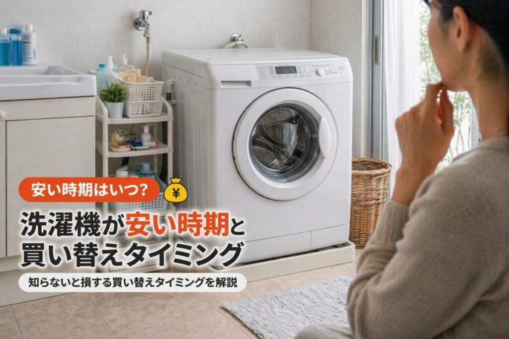 洗濯機の前で安い時期や買い替えタイミングに迷っている様子を表したイメージ
