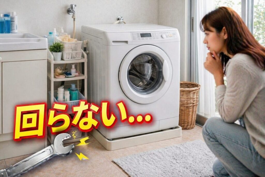 洗濯機が回らない原因に悩む様子のイメージ。ドラム式洗濯機の前で動かず困っている状態