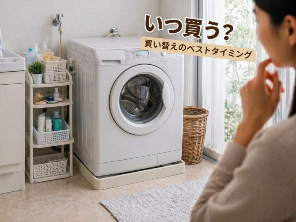 洗濯機はいつ買い替えるべきか悩む人とドラム式洗濯機のある洗面所