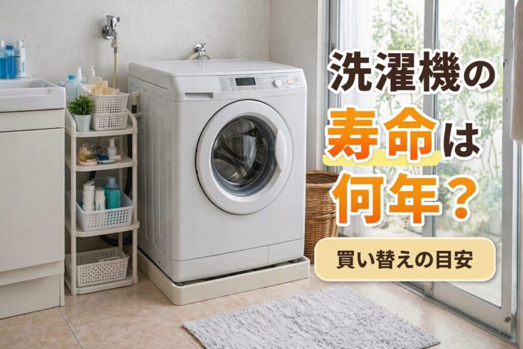 ドラム式洗濯機の寿命と買い替え時期の目安を解説する記事サムネイル。洗面所に設置された洗濯機と「洗濯機の寿命は何年？買い替えの目安」というテキストを配置し、使用年数から交換判断を検討する内容を示している。