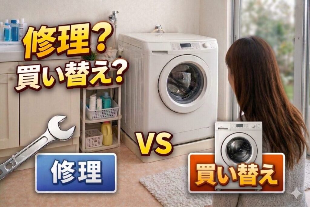 洗濯機の修理か買い替えで悩む女性|寿命と修理費用から判断するイメージ画像