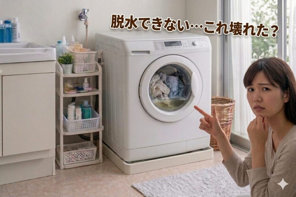 洗濯機が脱水できず中に水が残っている様子を見て、不安そうに指差す女性。「脱水できない…これ壊れた？」というテキスト付きのイメージ
