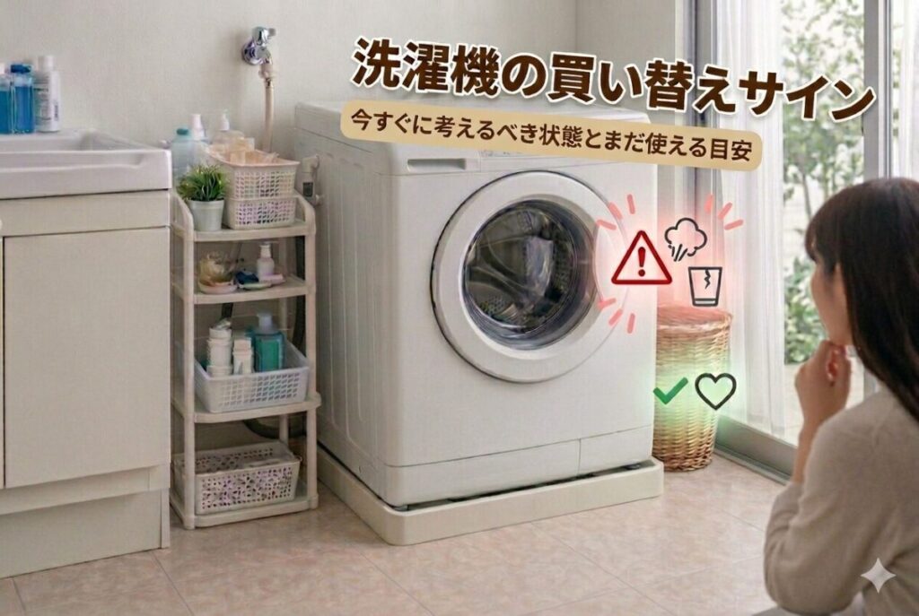 洗濯機の買い替えサインと、まだ使い続けられる状態の目安を解説したブログ用サムネイル画像。ドラム式洗濯機の横に故障の予兆を示すアイコンと、点検する女性のイメージ。