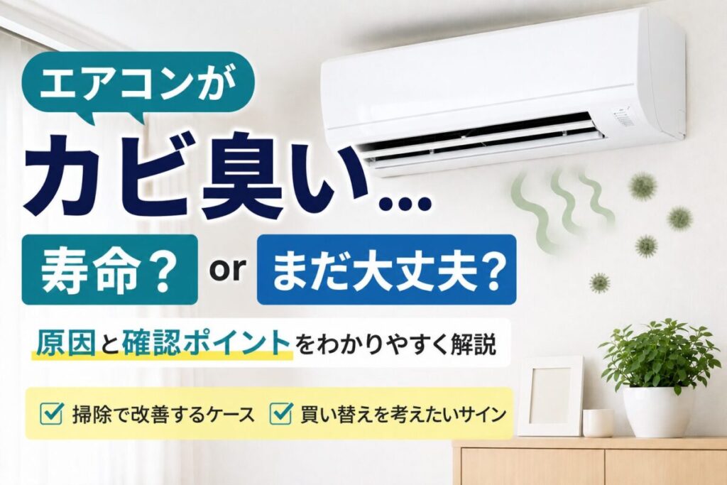 エアコンが冷えない原因を解説した記事のサムネイル画像。白い壁掛けエアコンと『冷えない…』『寿命？ or 故障？』の文字が配置され、原因や確認ポイントをわかりやすく紹介しているイメージ