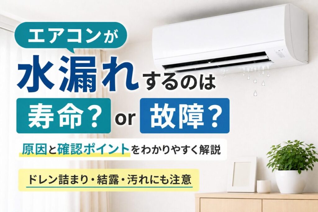 エアコンの水漏れは寿命か故障か？原因や確認ポイントを解説するサムネイル画像