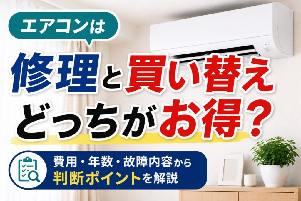 エアコンの修理と買い替えはどちらがお得かを比較。費用・使用年数・故障内容から判断するポイントを解説するサムネイル画像