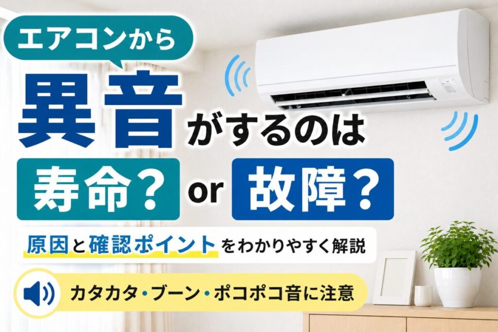 エアコンの異音は寿命か故障かを解説するサムネイル。カタカタ音・ブーン音・ポコポコ音の原因や確認ポイントを紹介