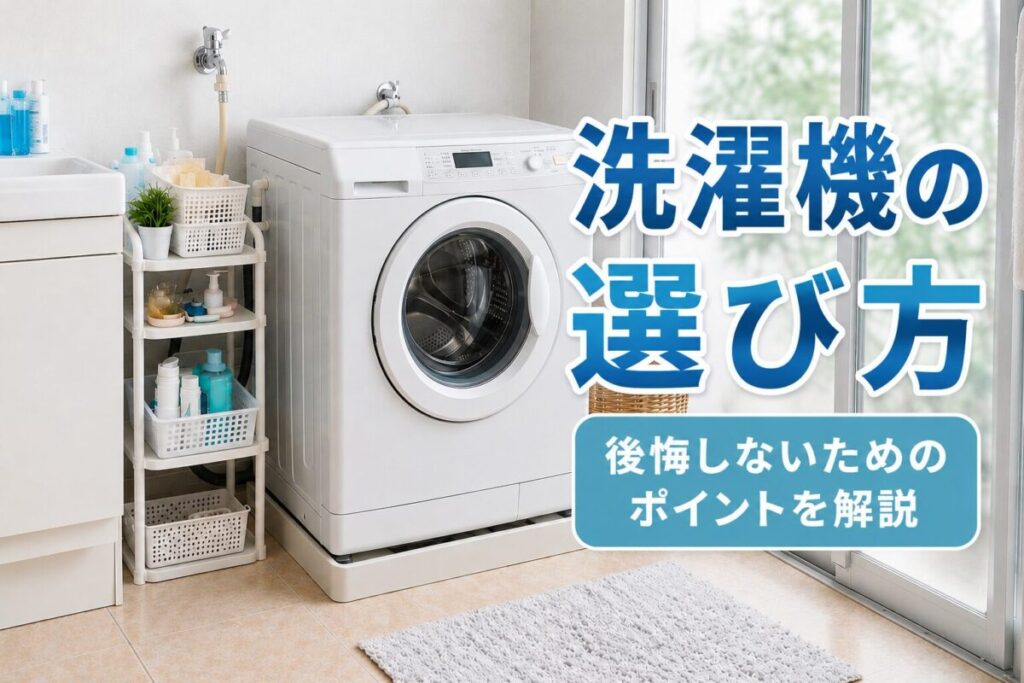 洗濯機の選び方を解説する記事のサムネイル。ランドリールームに設置されたドラム式洗濯機と「洗濯機の選び方」「後悔しないためのポイントを解説」のテキストを配置し、購入前に確認したい選び方のポイントを紹介する内容を示している。