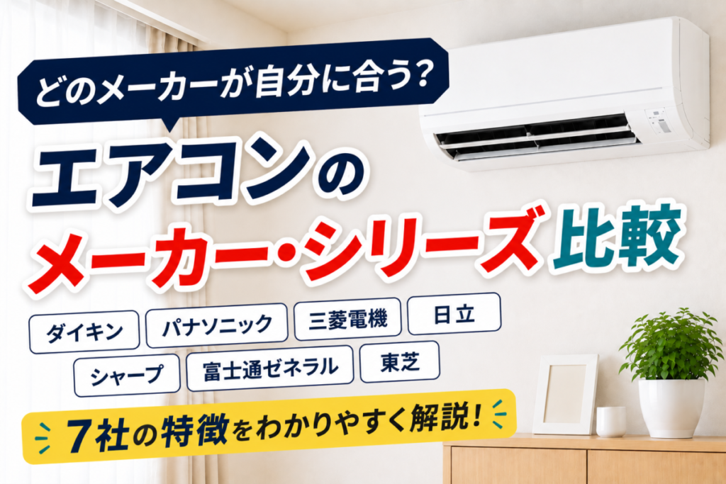 エアコンのメーカー・シリーズ比較を解説するサムネイル画像。ダイキン・パナソニック・三菱電機・日立・シャープ・富士通ゼネラル・東芝の特徴を分かりやすく紹介