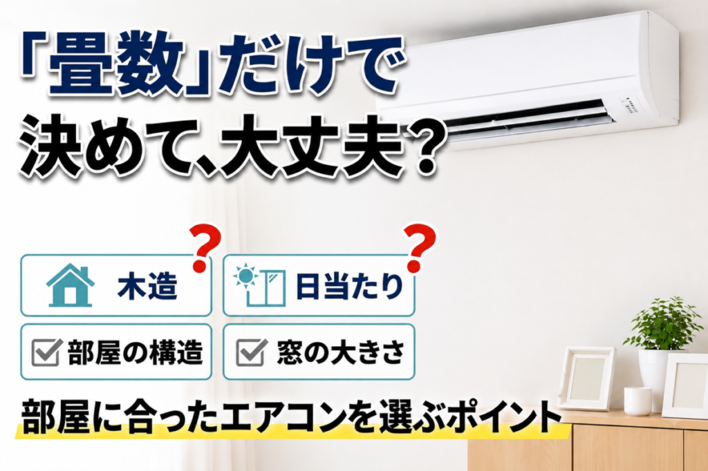 エアコンの畳数の選び方を解説するイメージ画像。木造住宅や日当たり、部屋の構造、窓の大きさなど、部屋に合ったエアコンを選ぶポイントを紹介