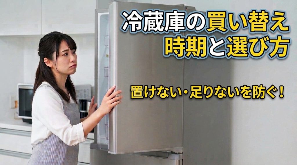 開けた冷蔵庫の前で容量に悩む女性（画像テキスト：冷蔵庫の買い替え時期と選び方）