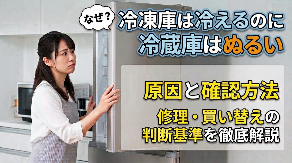「冷蔵庫はぬるいのに冷凍庫は冷える原因と確認方法、修理・買い替えの判断基準を解説する記事のアイキャッチ画像」